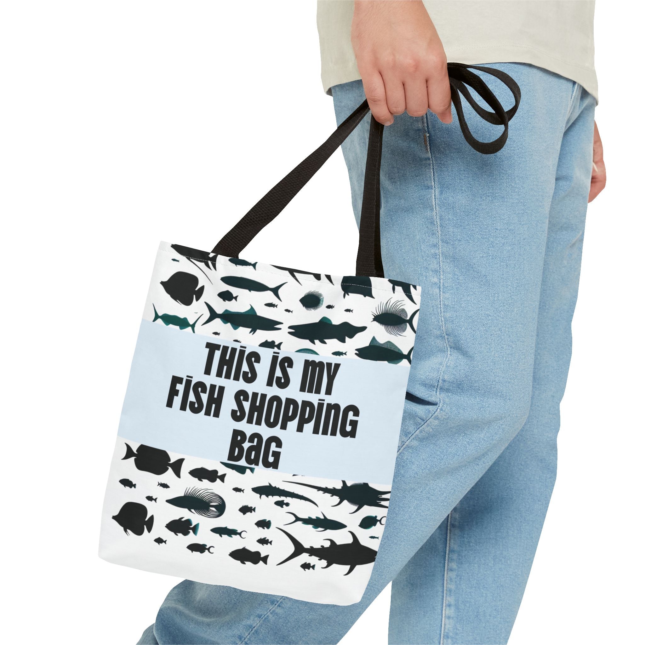 Funny fish bag with black fish silhouettes and text this is my fish shopping bag