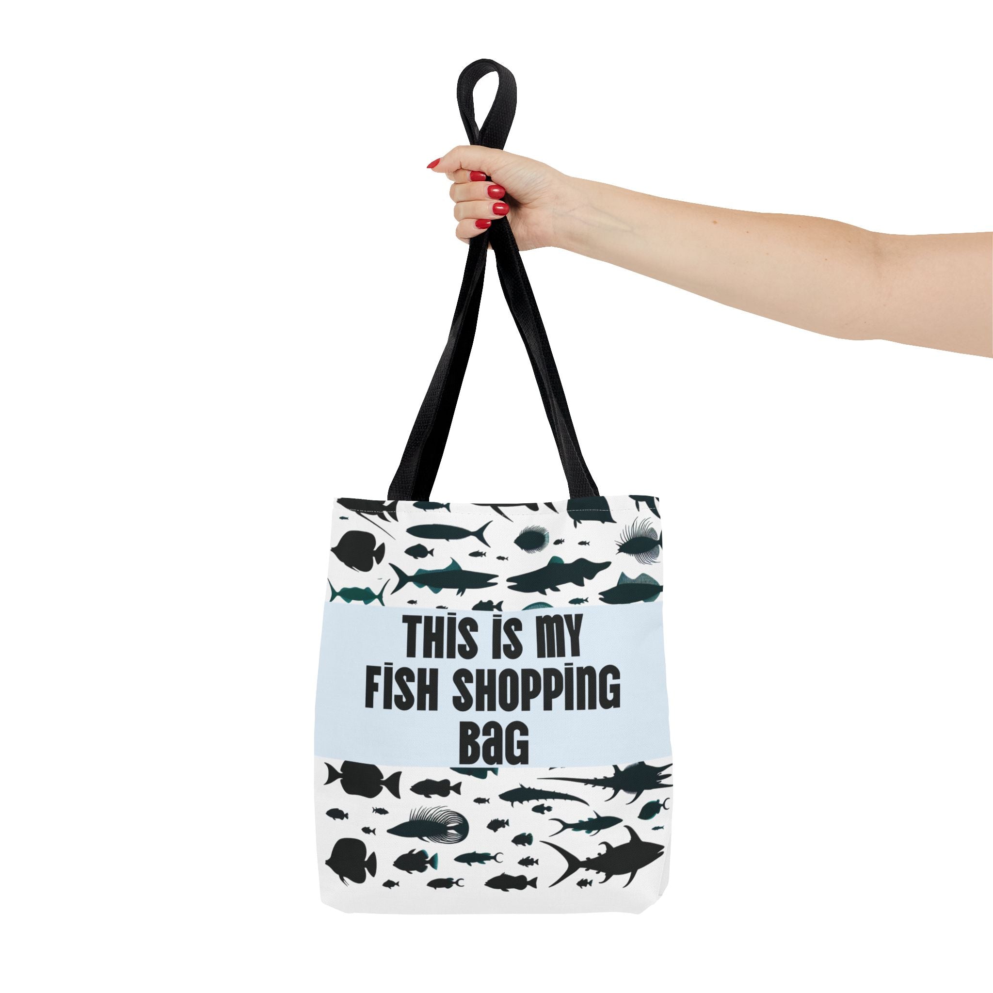 Funny fish-themed tote bag with black fish patterns and text this is my fish shopping bag