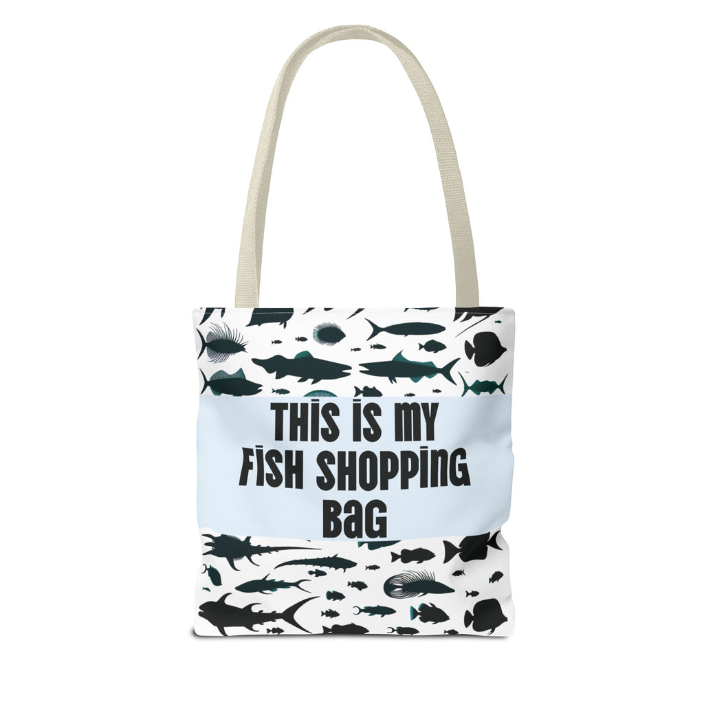 Funny fish-themed tote bag with black fish silhouettes and humorous text This is my fish shopping bag