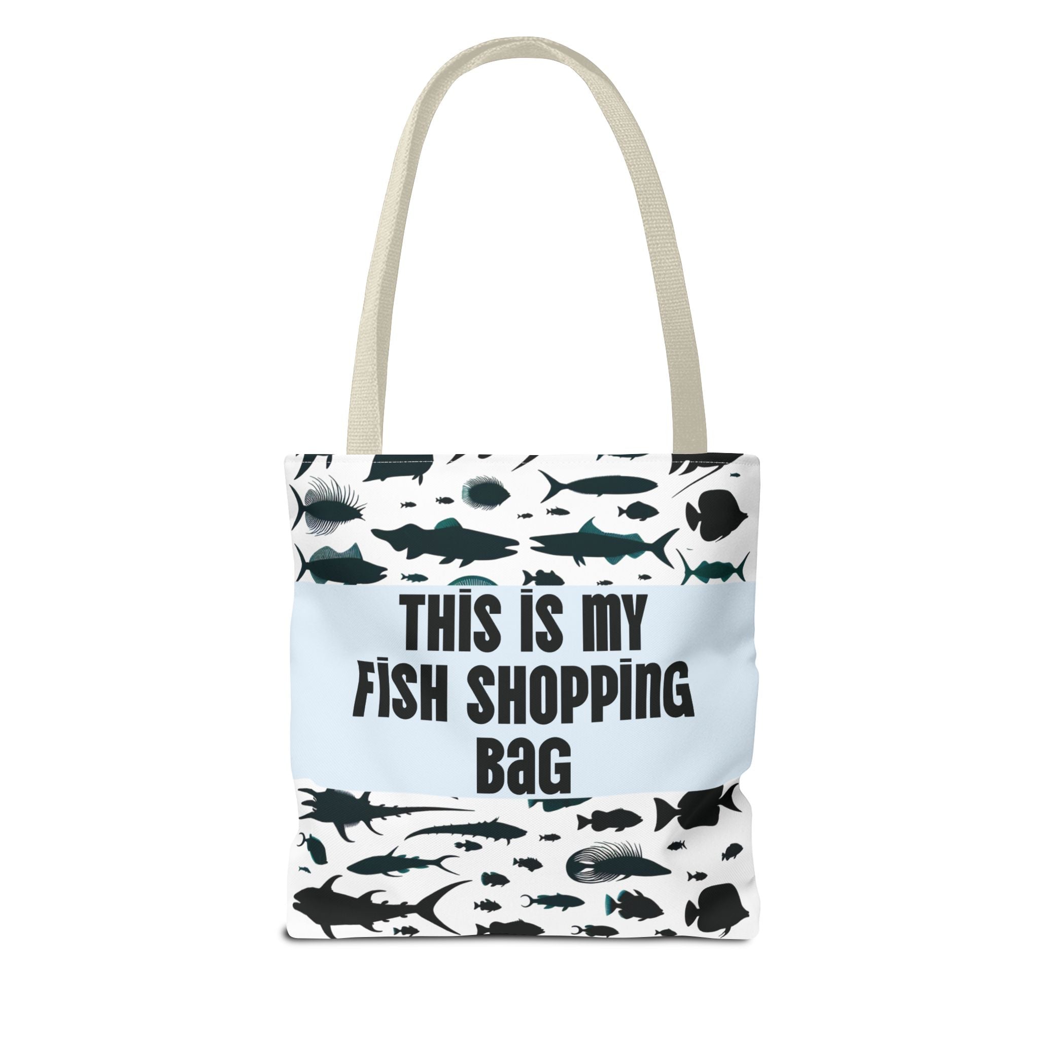 Funny fish-themed tote bag with black fish silhouettes and humorous text This is my fish shopping bag