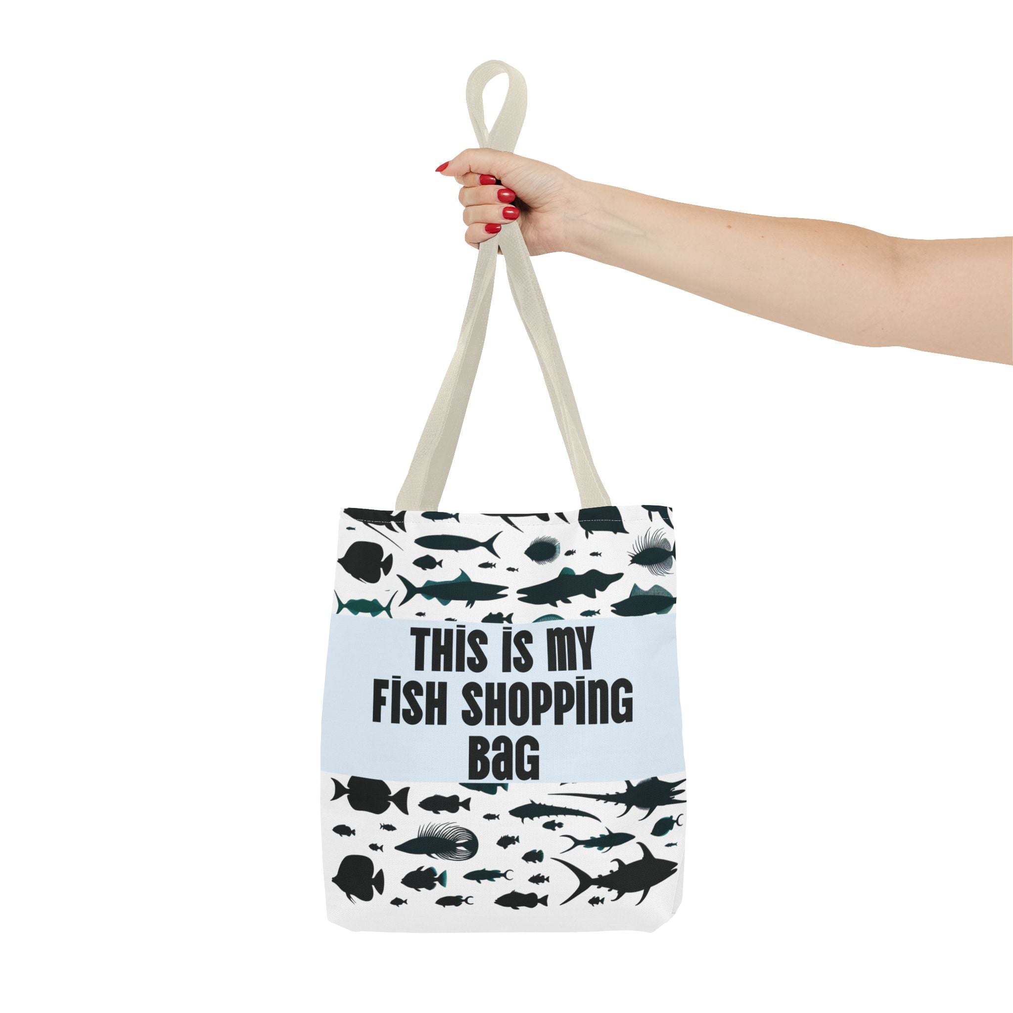 Funny fish-themed tote bag with black fish illustrations and This Is My Fish Shopping Bag text