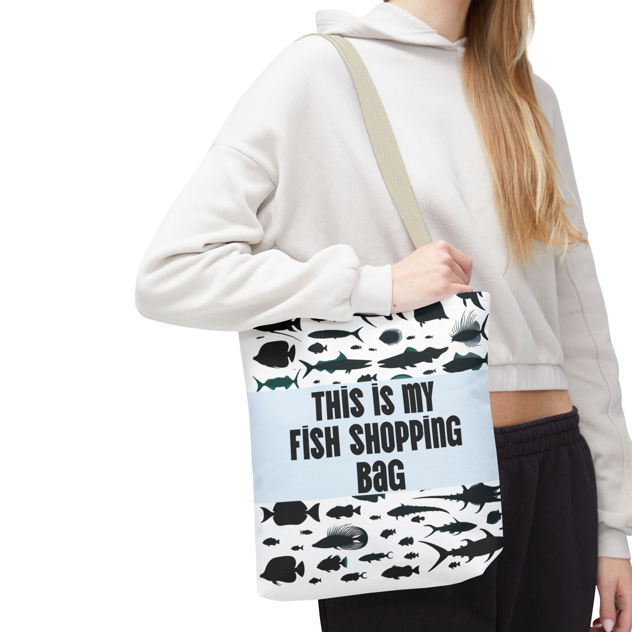 Funny fish-themed tote bag with black fish designs and text This is my fish shopping bag