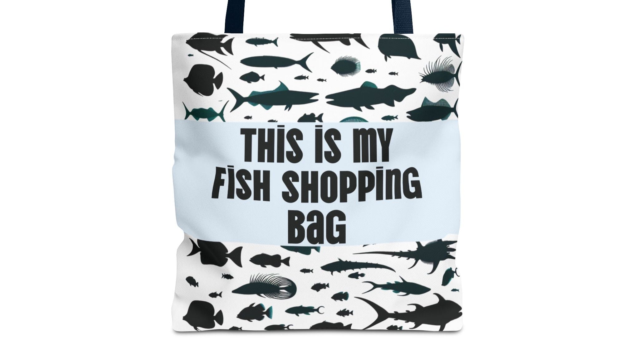 Funny fish-themed tote bag with various fish silhouettes and text this is my fish shopping bag