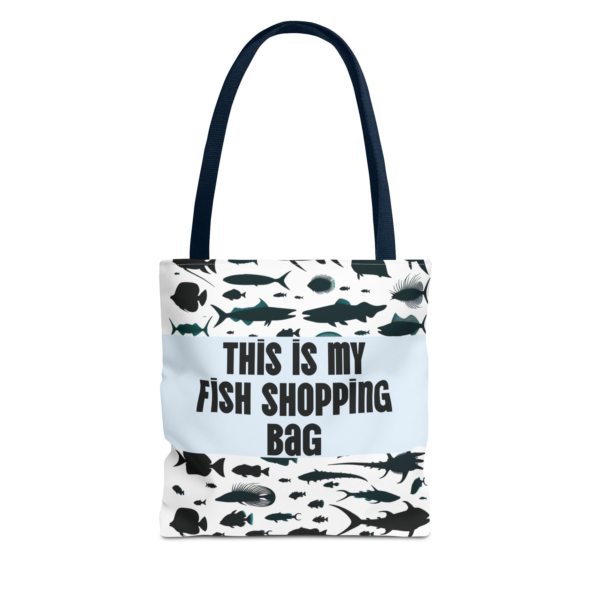 Funny fish-themed tote bag with black fish silhouettes and This is my fish shopping bag text