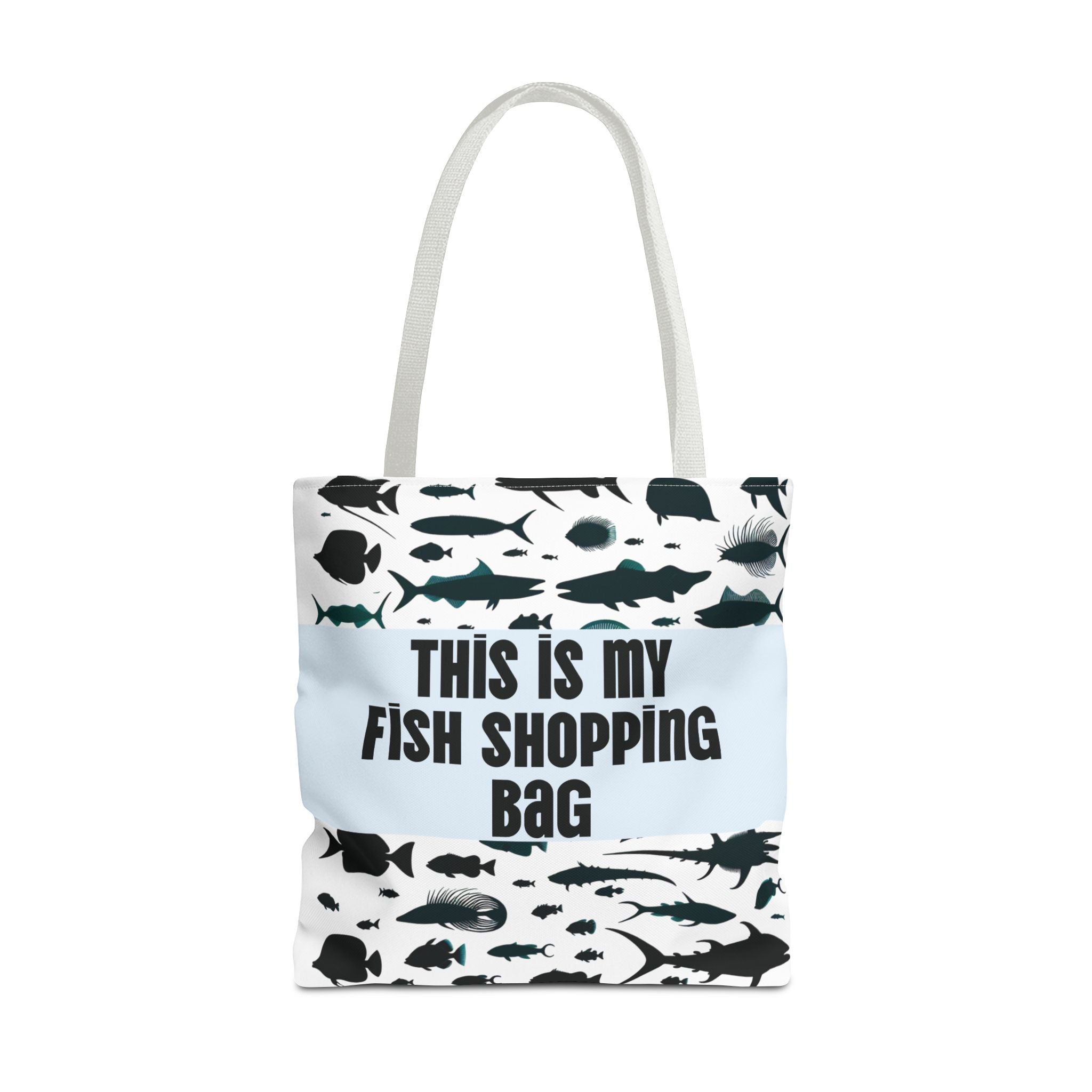 Funny fish-themed tote bag with black fish silhouettes and text this is my fish shopping bag