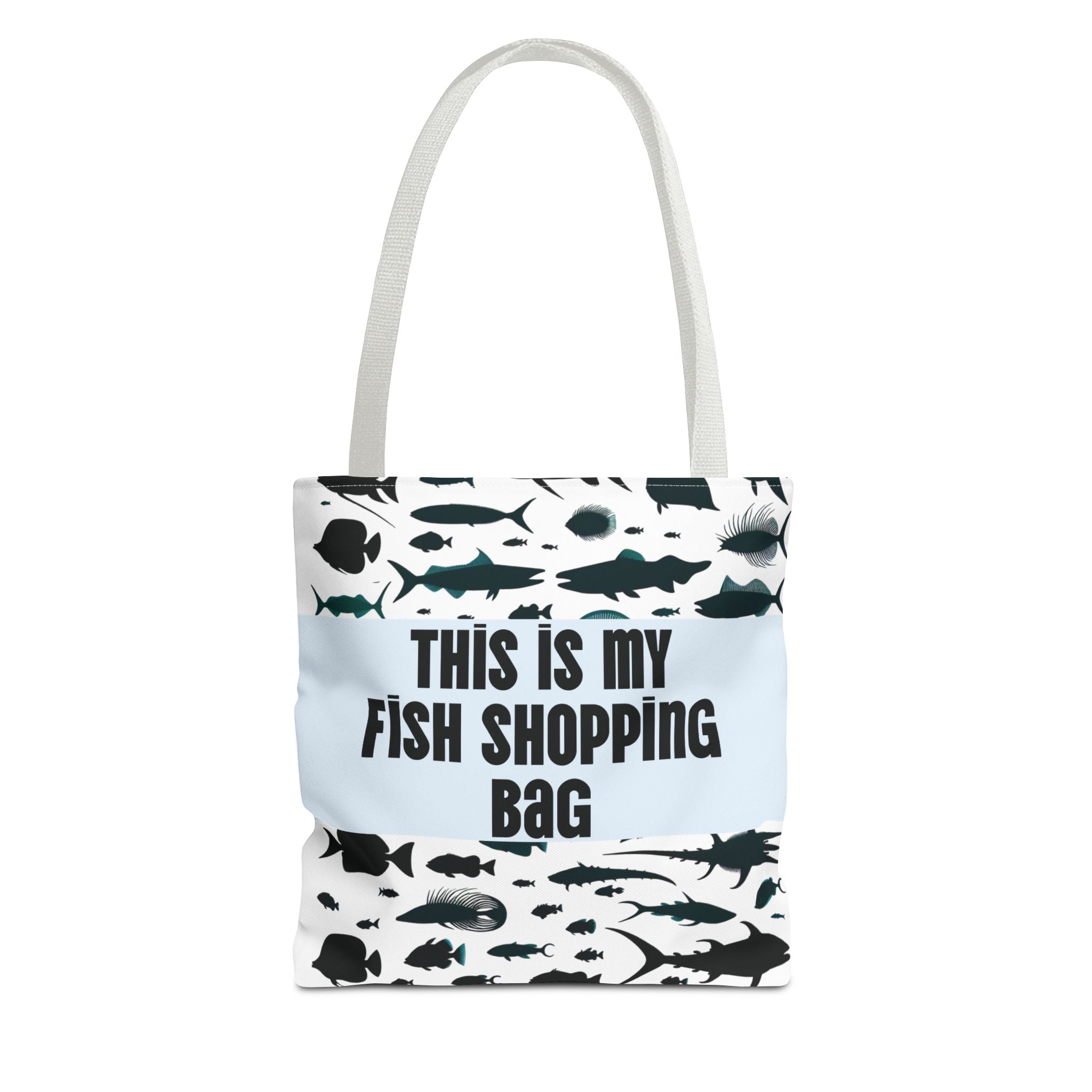 Funny fish-themed tote bag with fish silhouettes and text This is my fish shopping bag