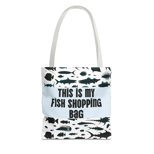 Funny fish-themed tote bag with fish silhouettes and text This is my fish shopping bag