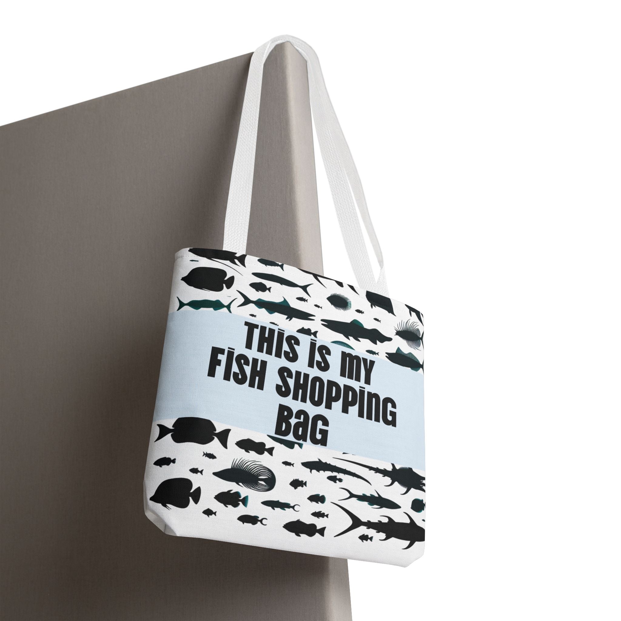 Funny fish-themed tote bag with various black fish silhouettes and text This is my fish shopping bag