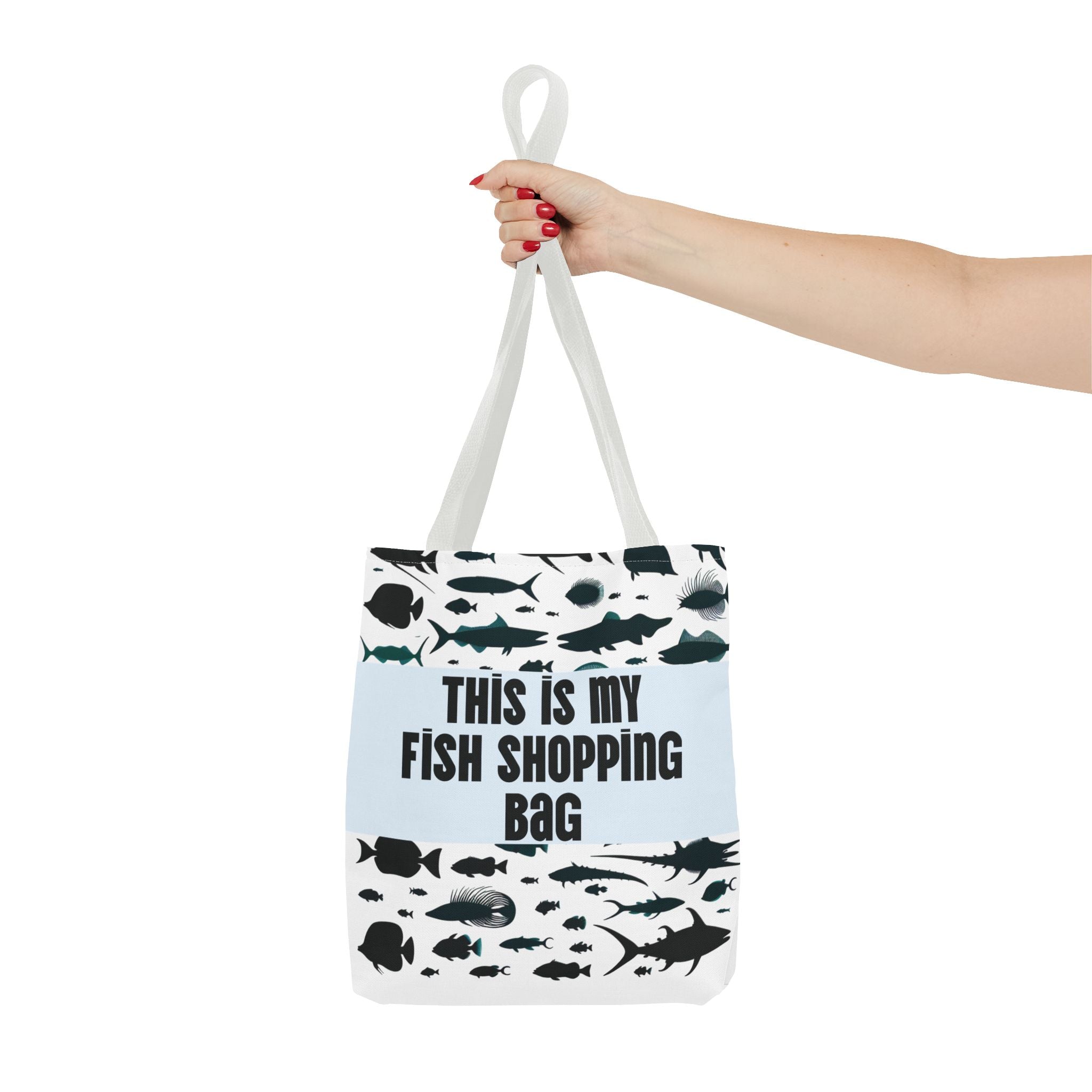 Funny fish-themed tote bag with black fish graphics and This is my fish shopping bag text