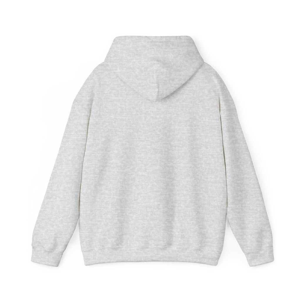 Back view of plain light gray funny fishkeeping hoodie with hood and long sleeves