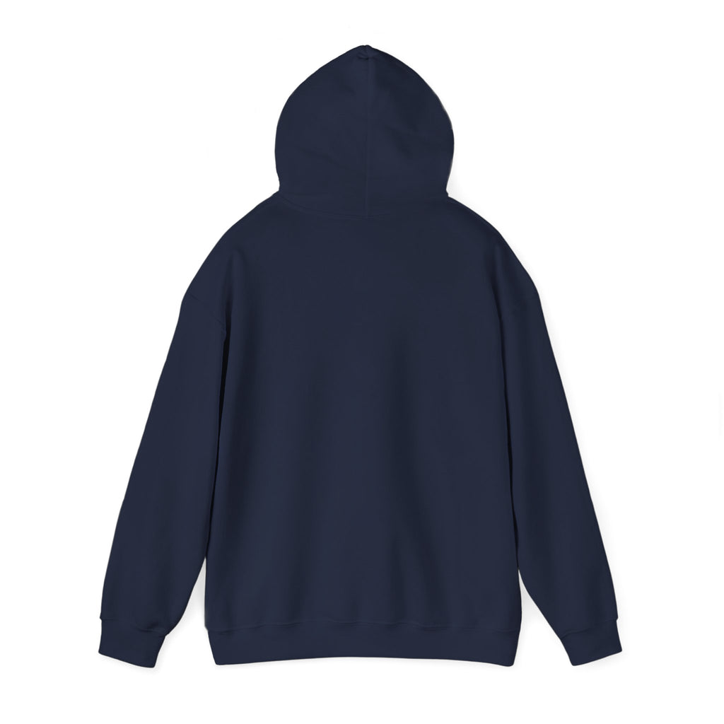 Back of navy hoodie with hood up, no visible graphic