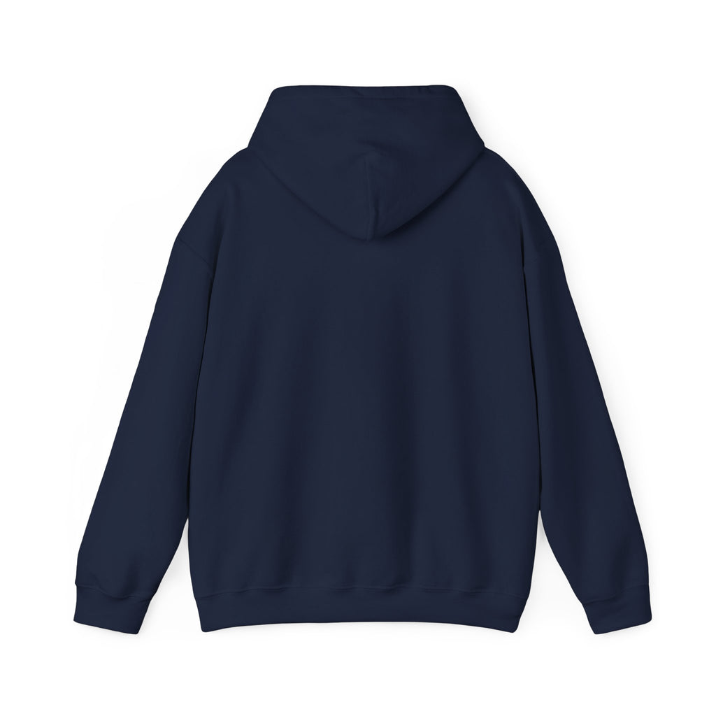 Back view of navy blue funny fishkeeping hoodie with long sleeves and a hood