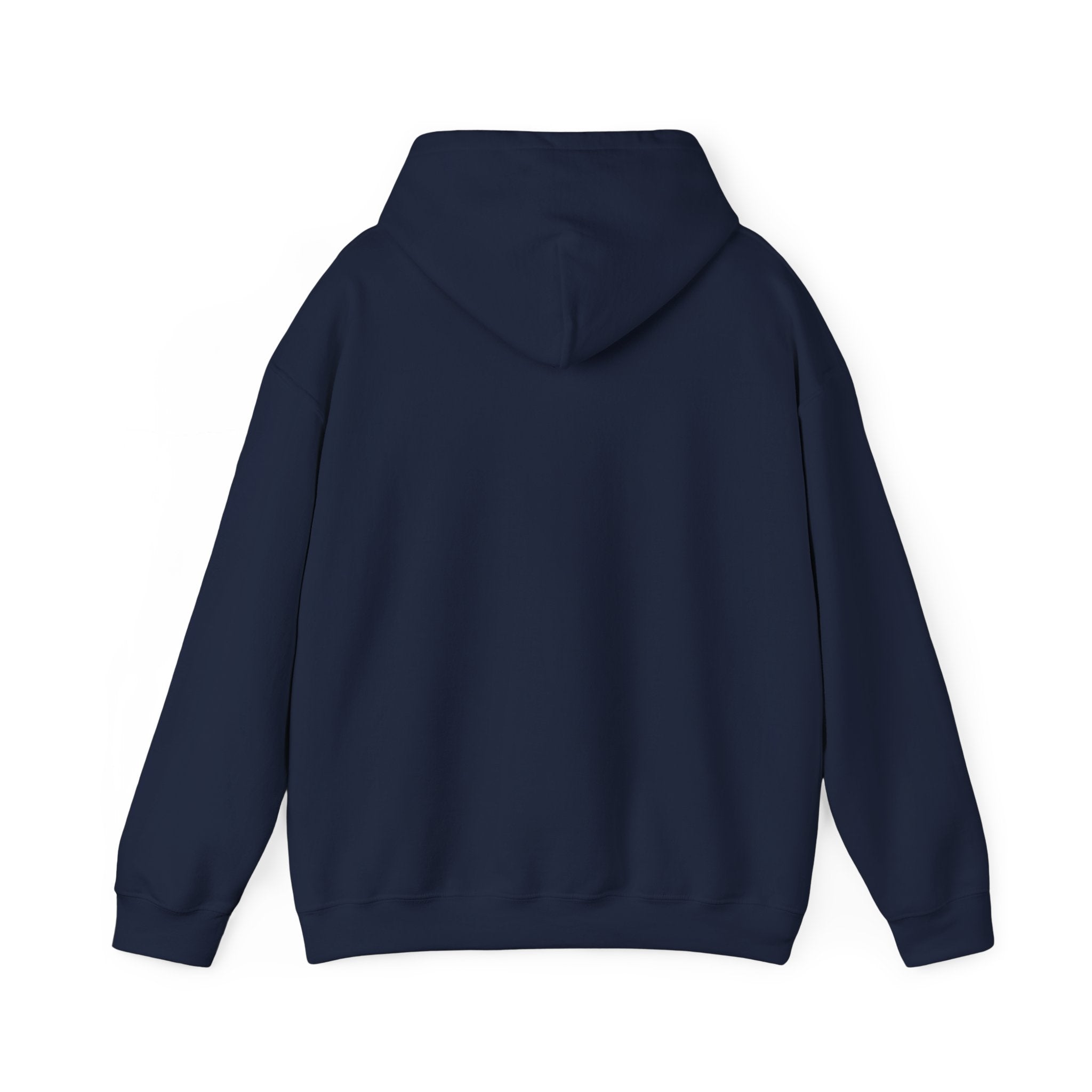 Back view of navy blue funny fishkeeping hoodie with long sleeves and a hood