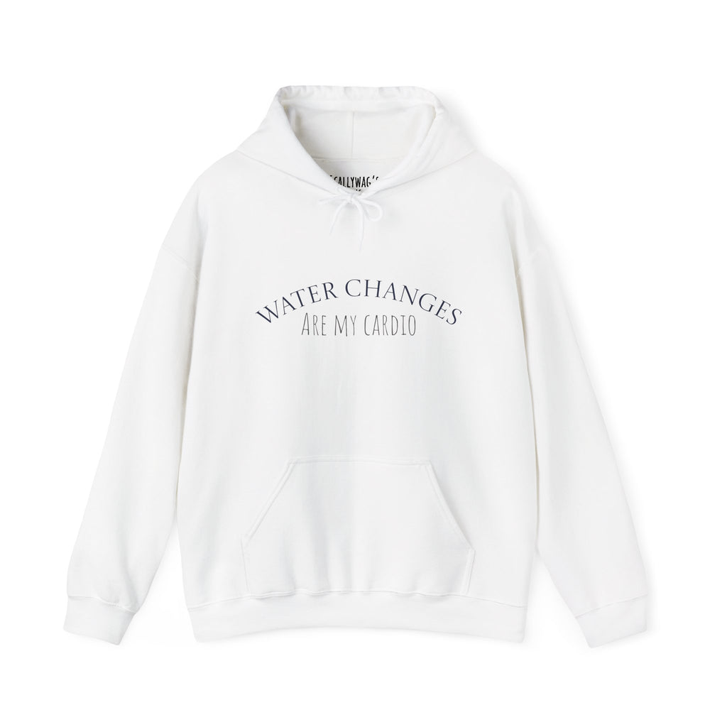 White funny fishkeeping hoodie with Water Changes Are My Cardio text and front pocket