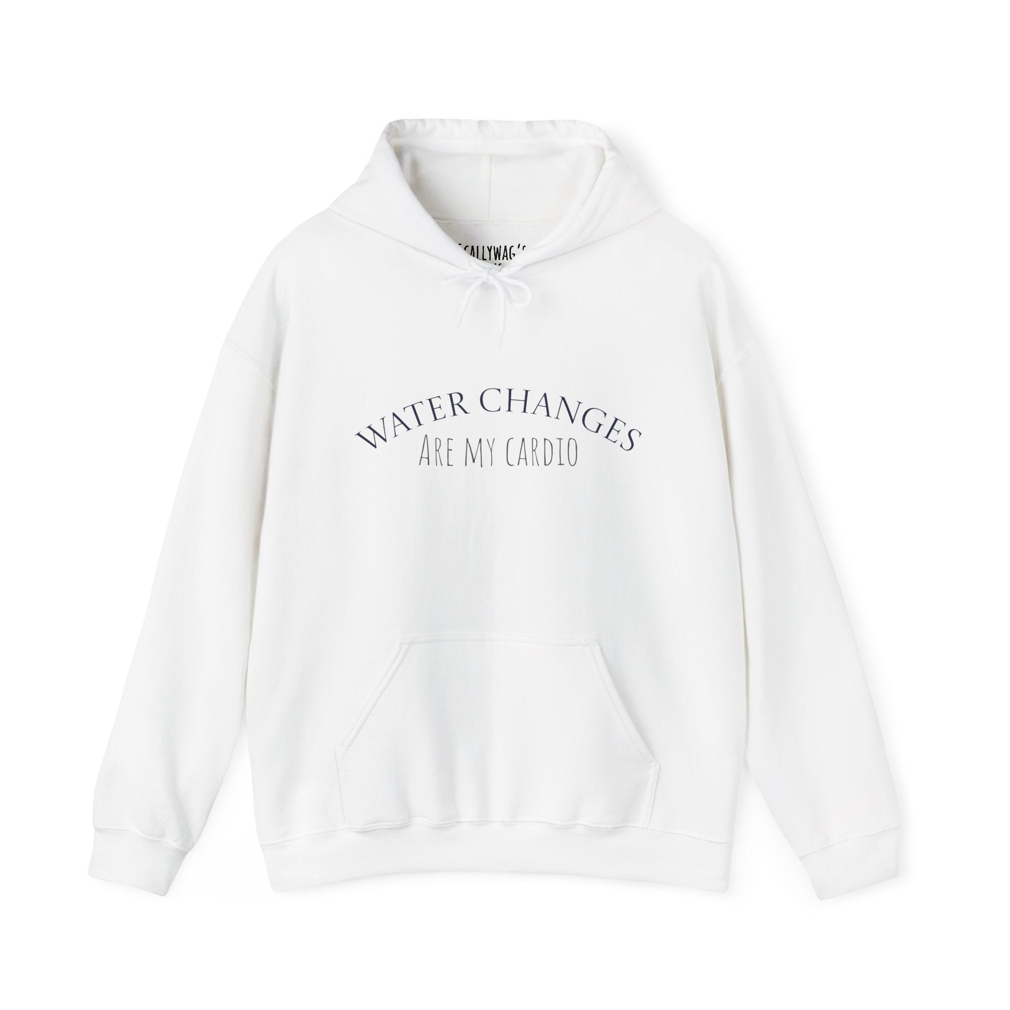 White funny fishkeeping hoodie with Water Changes Are My Cardio text and front pocket