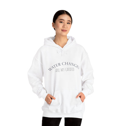 White hoodie with Water Changes Are My Cardio text funny fishkeeping hoodie