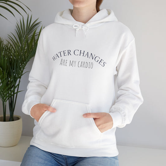 White hoodie with funny fishkeeping hoodie text saying water changes are my cardio