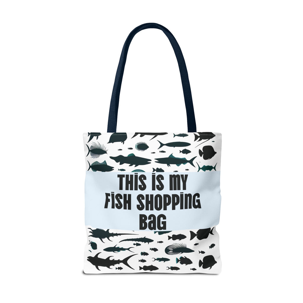 Tote bag with fish pattern and text 'This is my fish shopping bag' on a white background