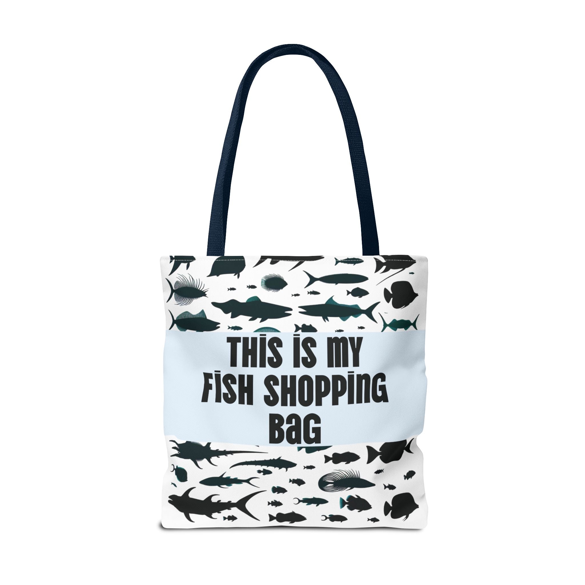 Tote bag with fish pattern and text 'This is my fish shopping bag' on a white background