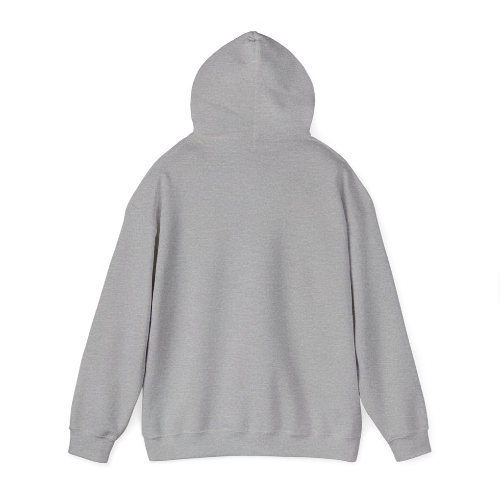  Back of grey hoodie with hood up, no design visible