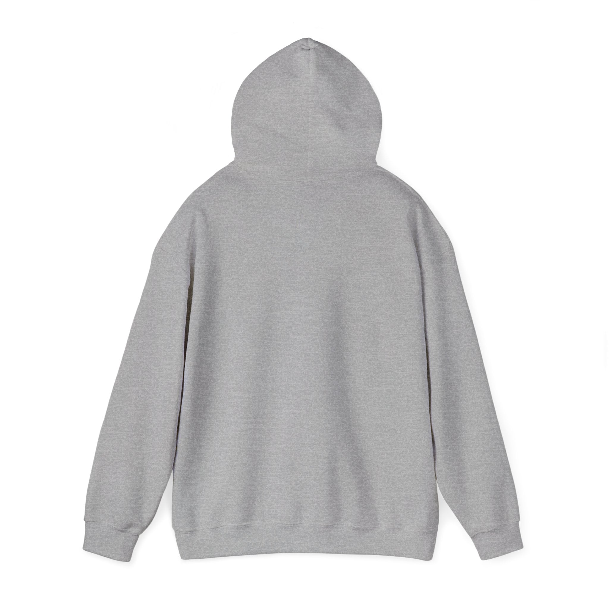  Back of grey hoodie with hood up, no design visible