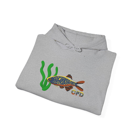 Folded grey hoodie showing Galaxy Rasbora design on chest