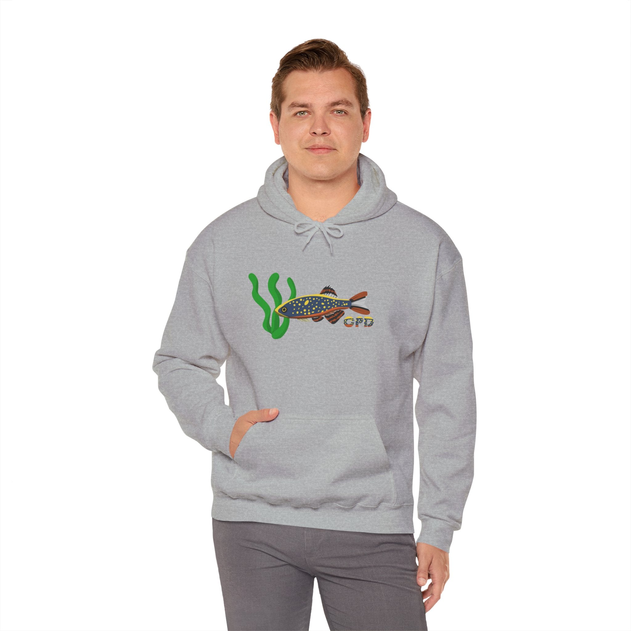 Man in grey hoodie with one hand in pocket, featuring Celestial Pearl Danio fish graphic