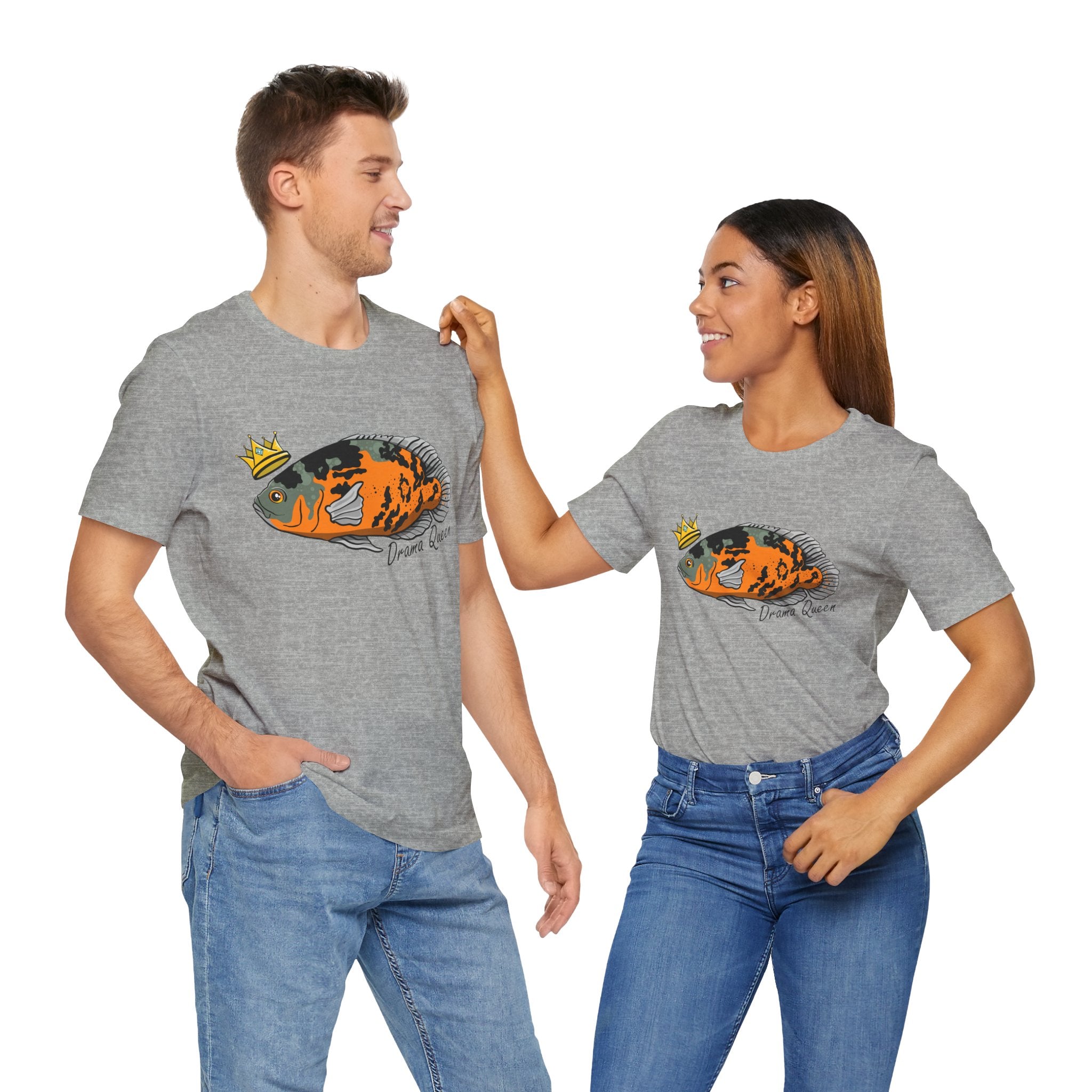 Couple wearing grey “Drama Queen” Oscar cichlid shirts facing each other