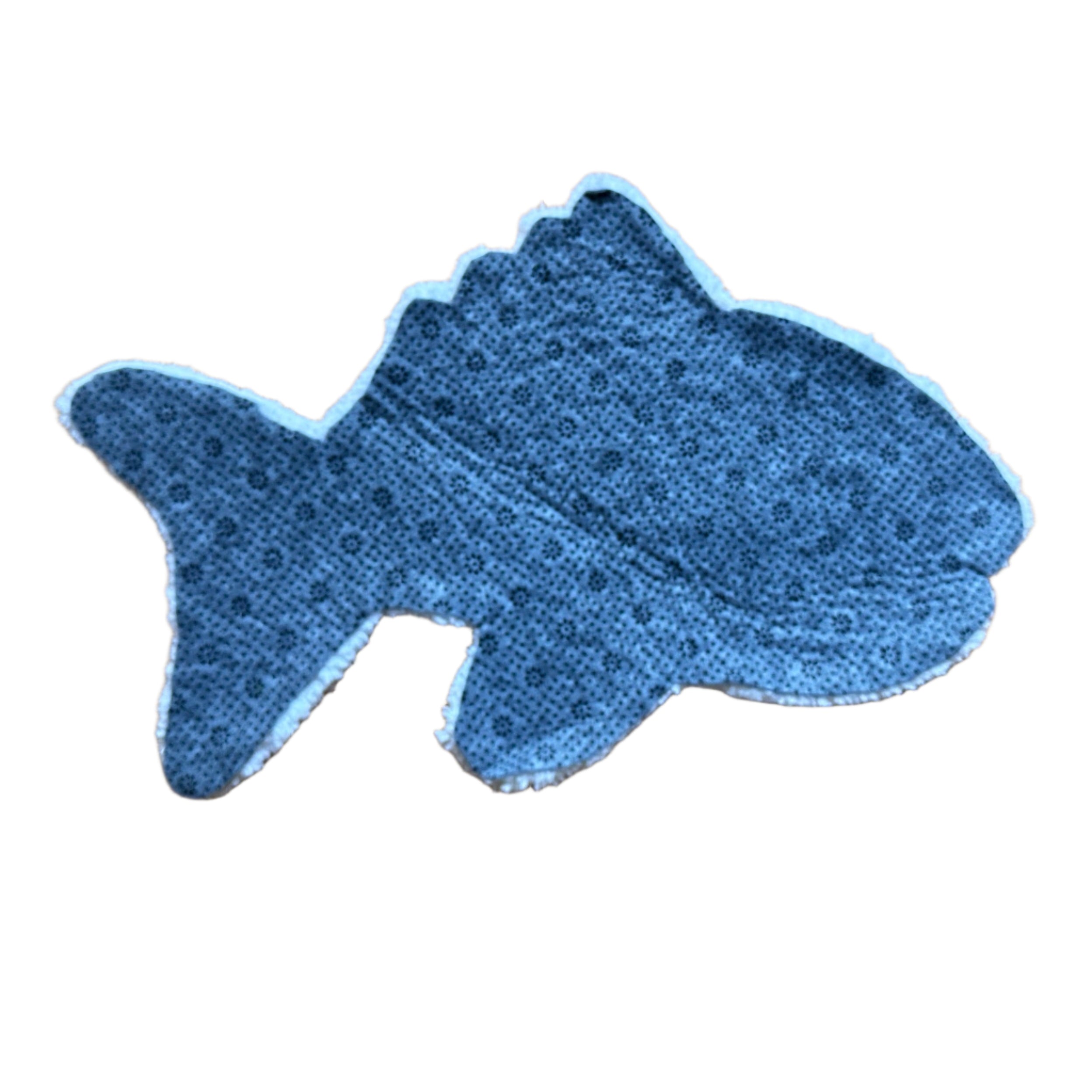 Blue handmade fish bones rug shaped like a fish with textured fabric details
