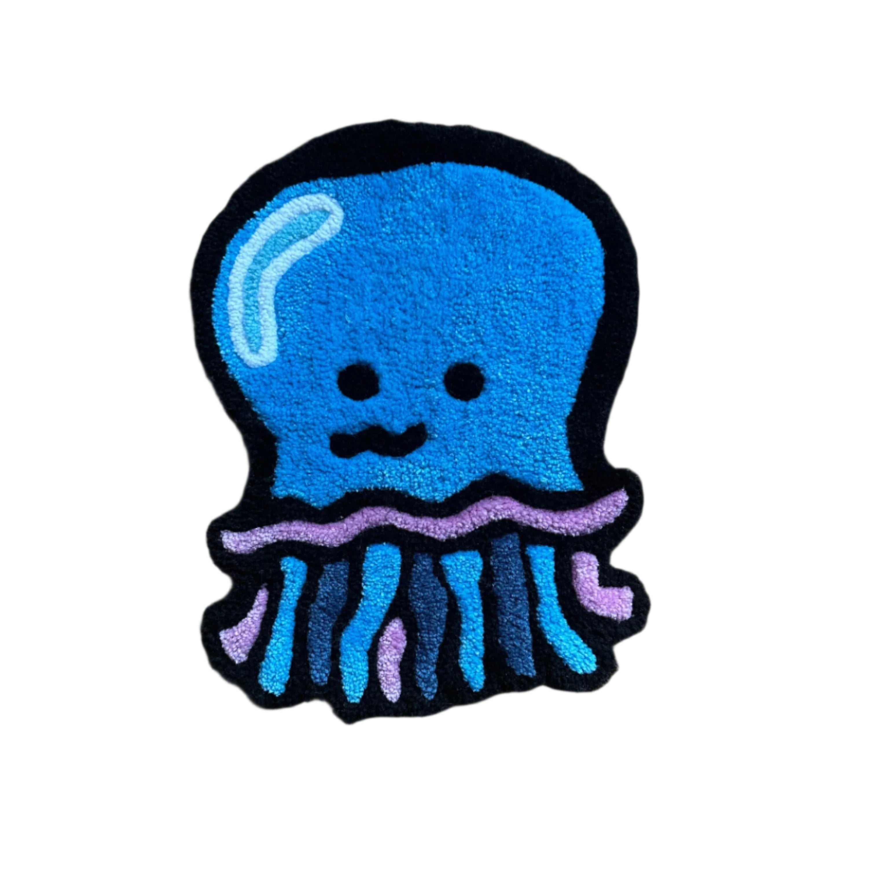 Scallywags Fish Bowl handmade jellyfish rug in blue and purple with a cute face design