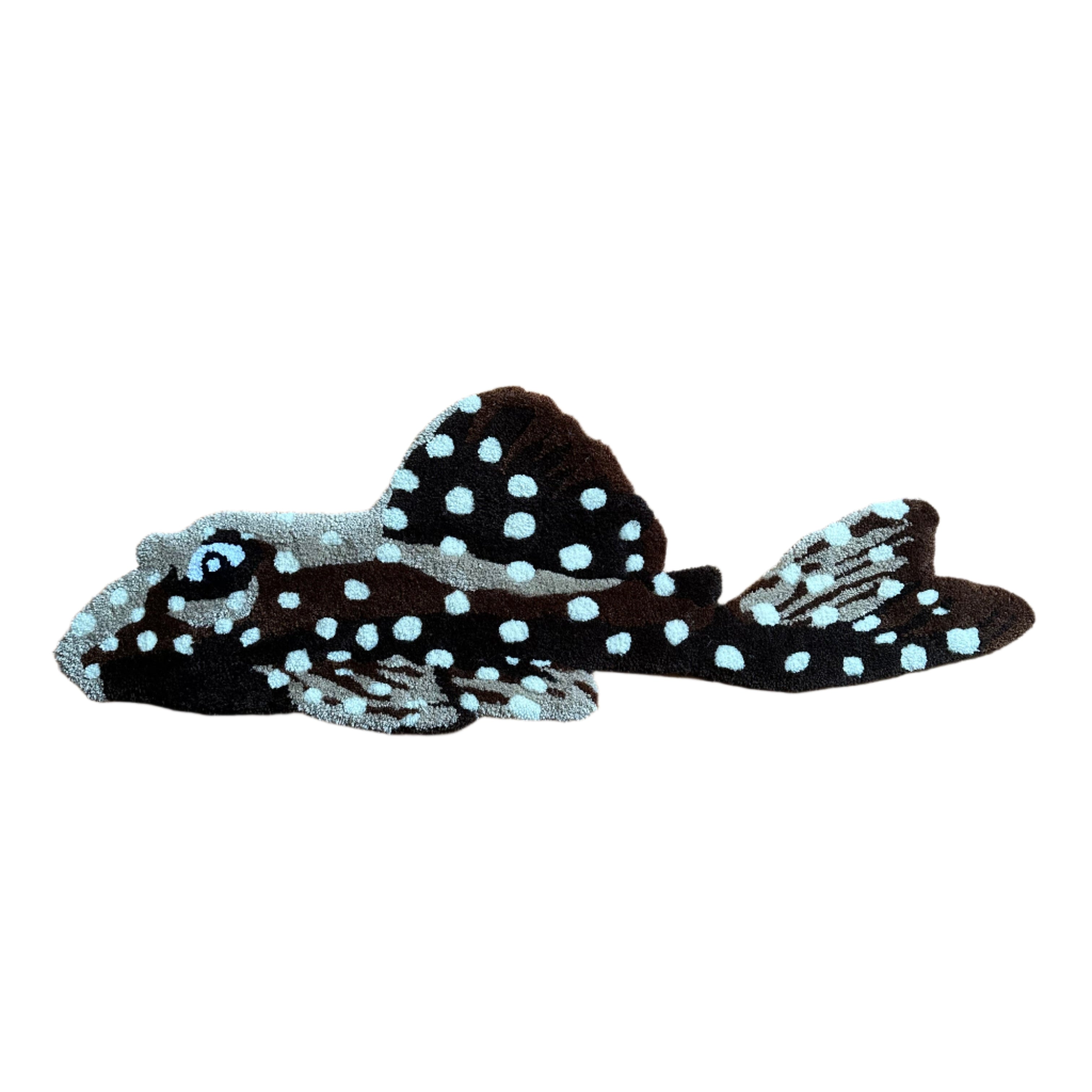 Scallywags Fish Bowl handmade pleco rug in black with white spots shaped like a pleco fish