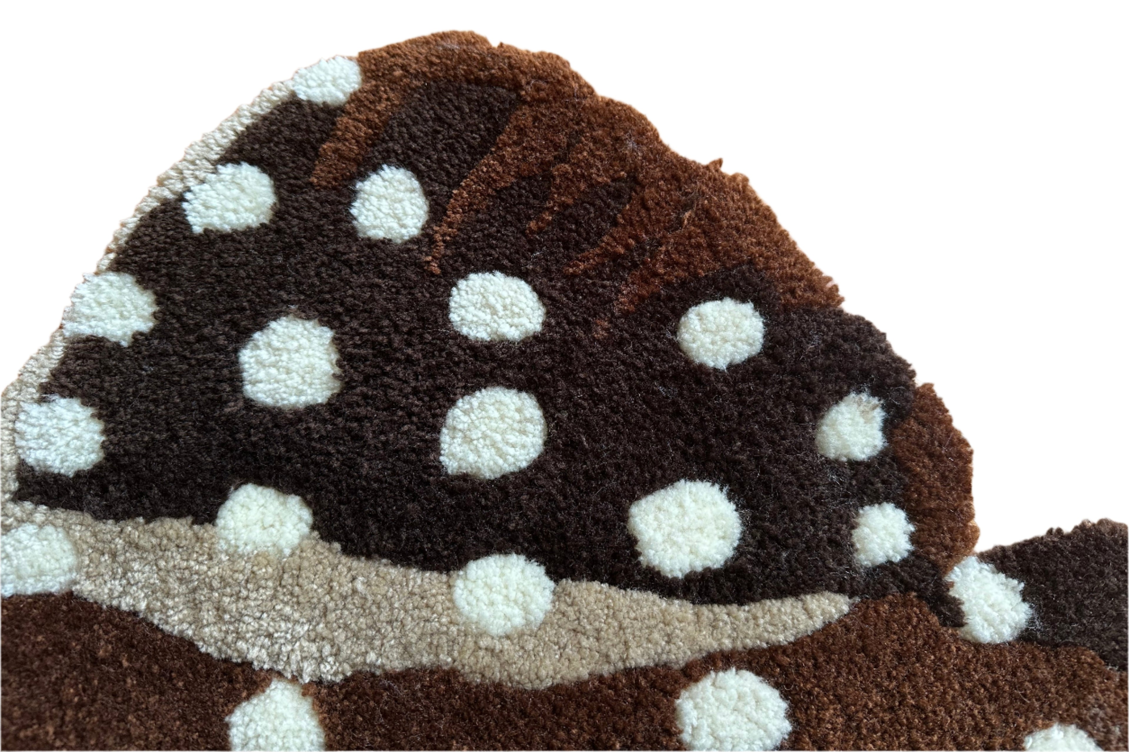 Close-up of handmade pleco rug featuring textured brown, black, and white polka dot pattern