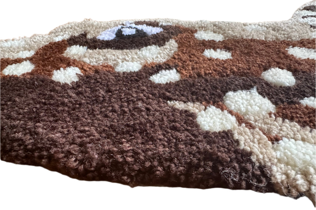 Close-up view of handmade pleco rug with brown and white textured fibers by Scallywag's Fish Bowl