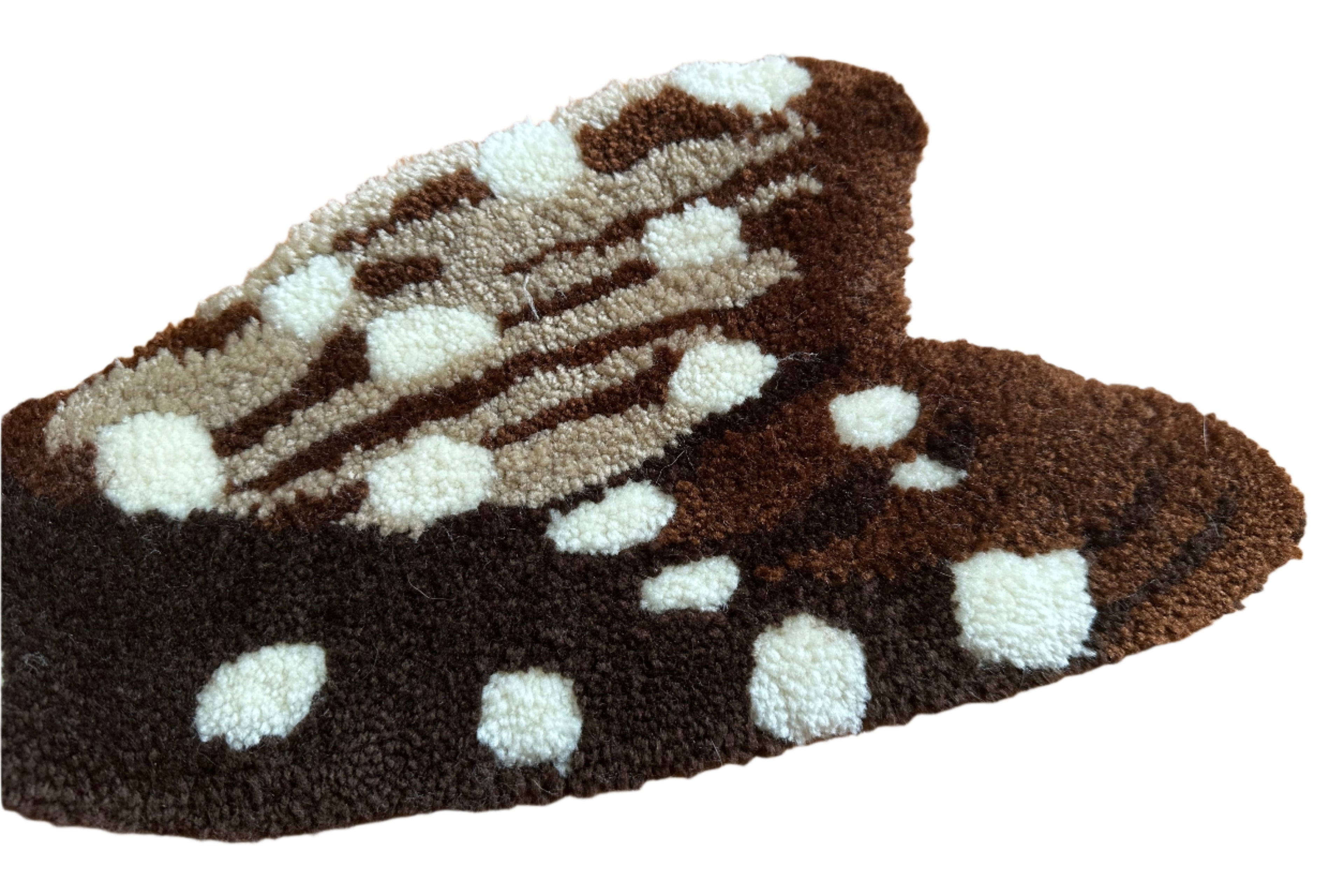 Handmade pleco rug with brown, beige, and white spotted pattern from Scallywag's Fish Bowl