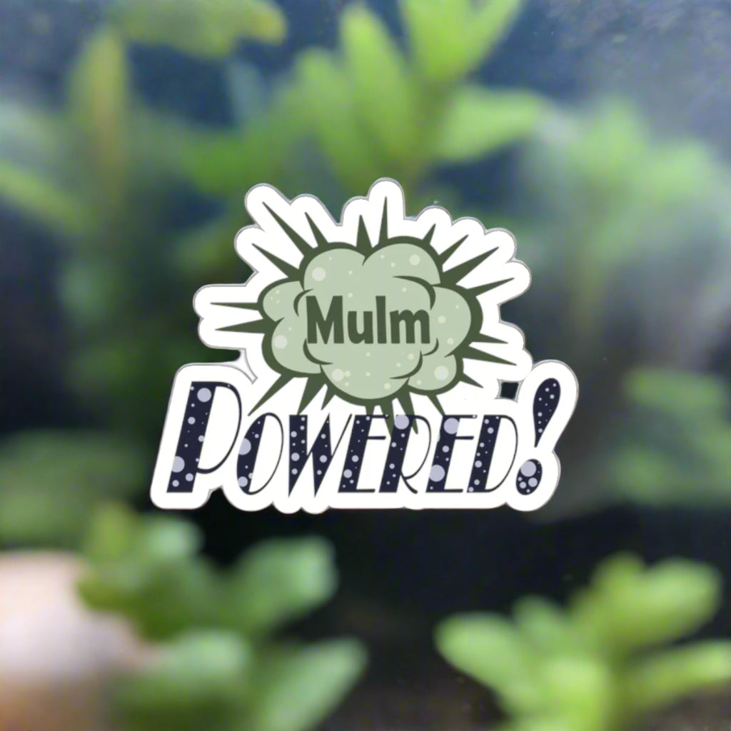 Mulm Aquarium Sticker with green mulm graphic and powered text on aquarium glass by Printify