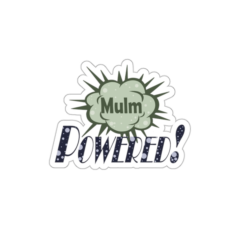Mulm Aquarium Sticker with green mulm graphic and Powered text for aquarium enthusiasts