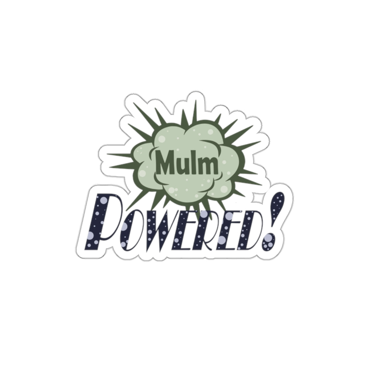 Mulm Aquarium Sticker with green mulm graphic and Powered text for aquarium enthusiasts