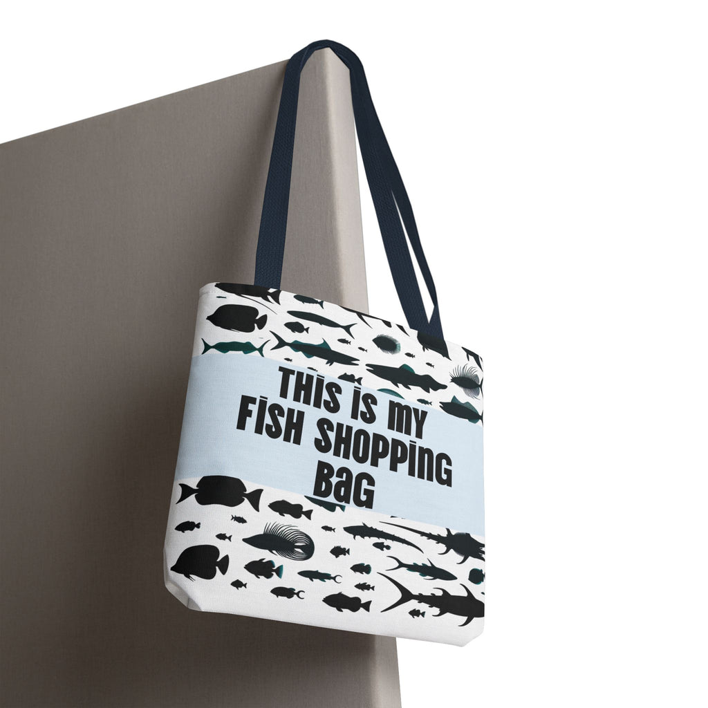 Tote bag with fish design and text 'This is my fish shopping bag' on a white background