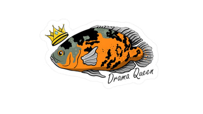 Oscar Cichlid vinyl sticker featuring an orange and black fish with a crown and text Drama Queen