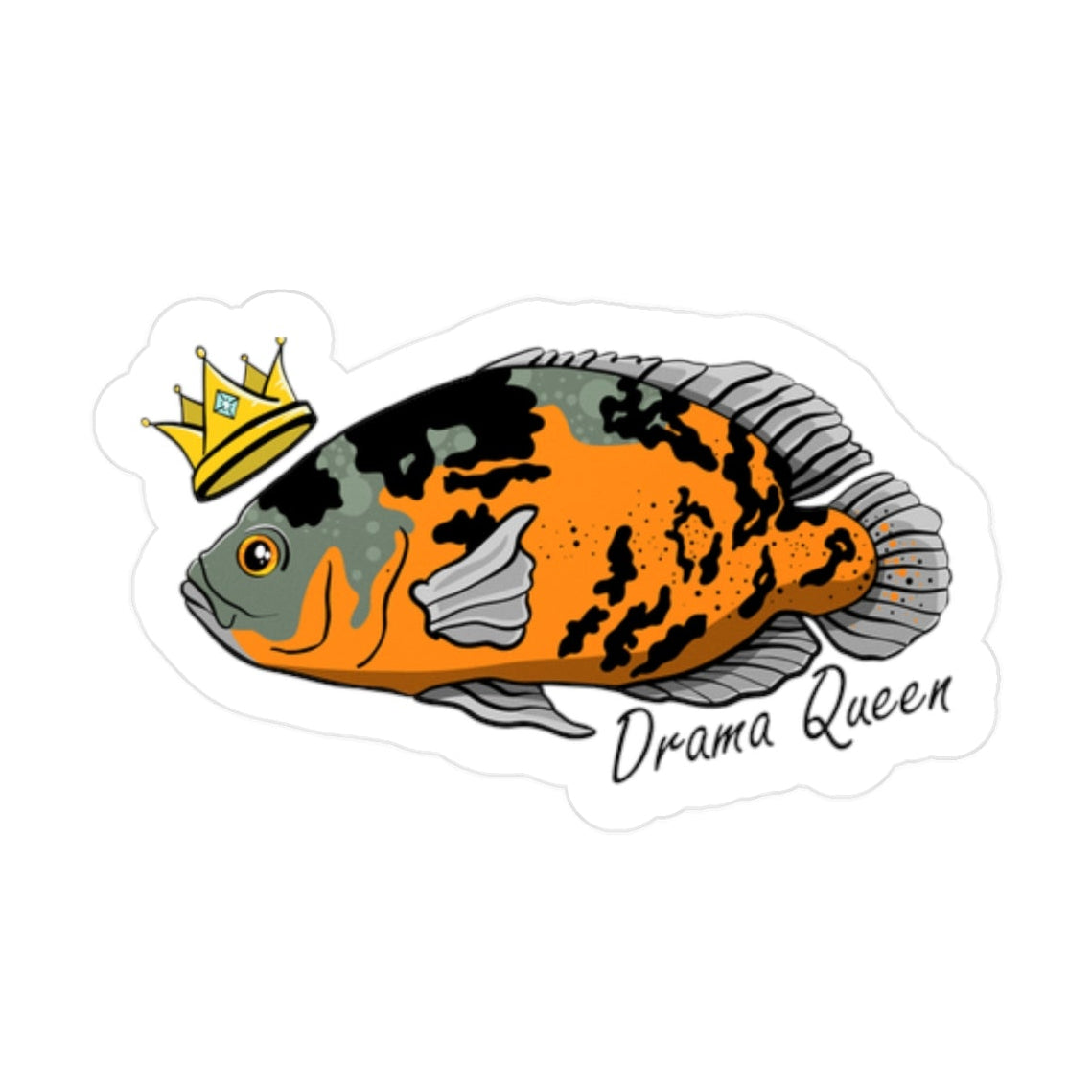 Oscar Cichlid vinyl sticker featuring orange and black fish wearing a crown with Drama Queen text