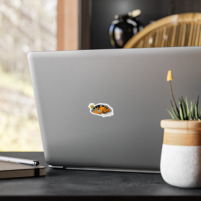 Oscar Cichlid vinyl sticker on silver laptop with desk and plant background