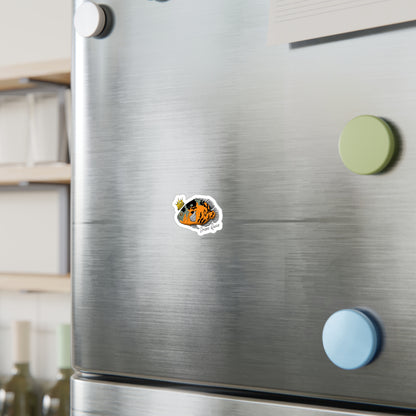 Oscar Cichlid vinyl sticker on stainless steel refrigerator door with colorful magnets