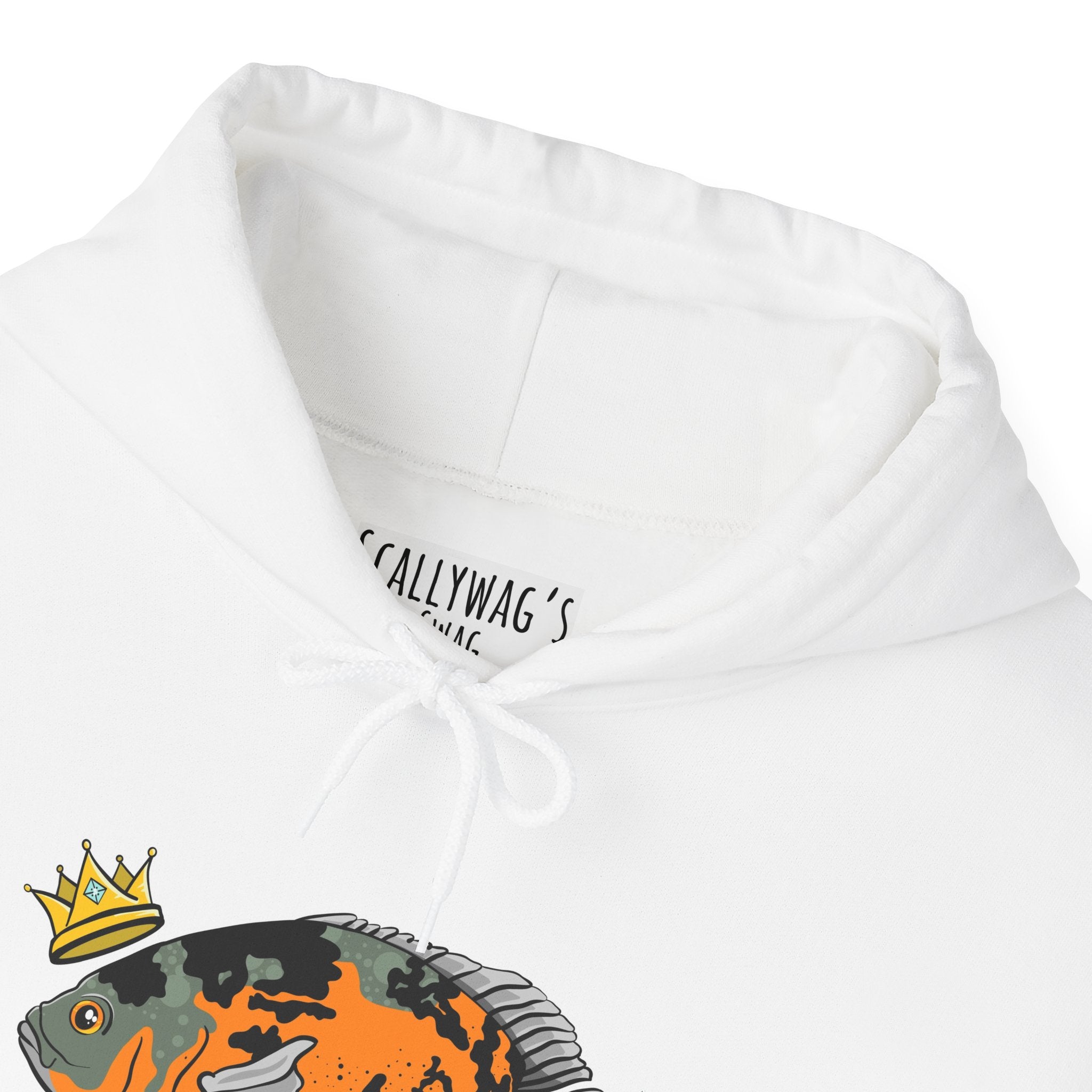 White Oscar fish hoodie featuring a colorful fish graphic with a crown on the hood