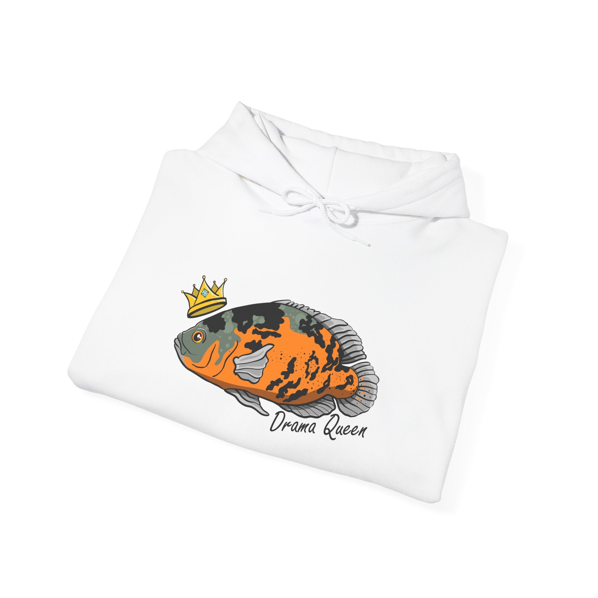White hoodie with colorful Oscar fish hoodie design and Drama Queen text