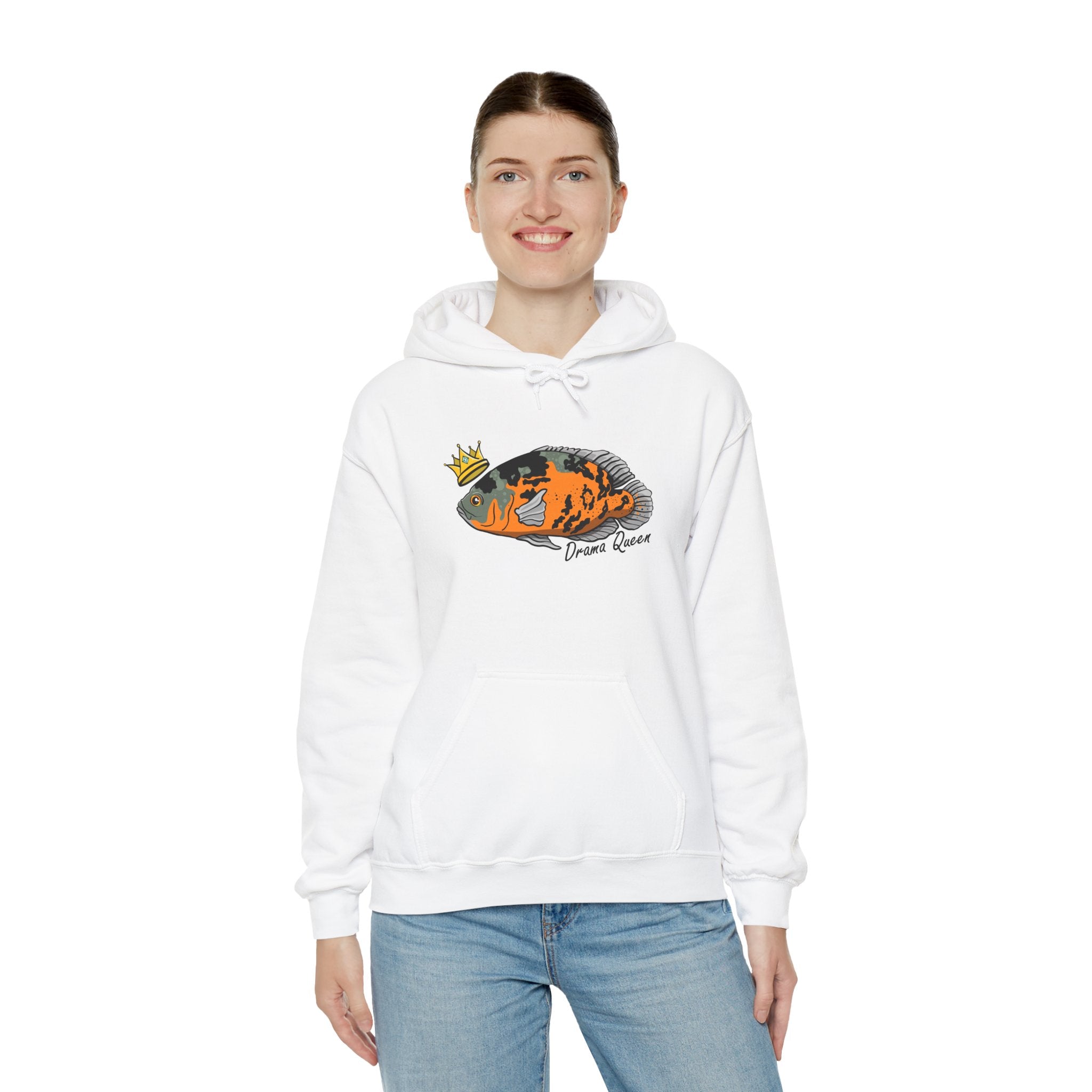 White hoodie featuring a colorful Oscar fish hoodie design with a crown and text on front