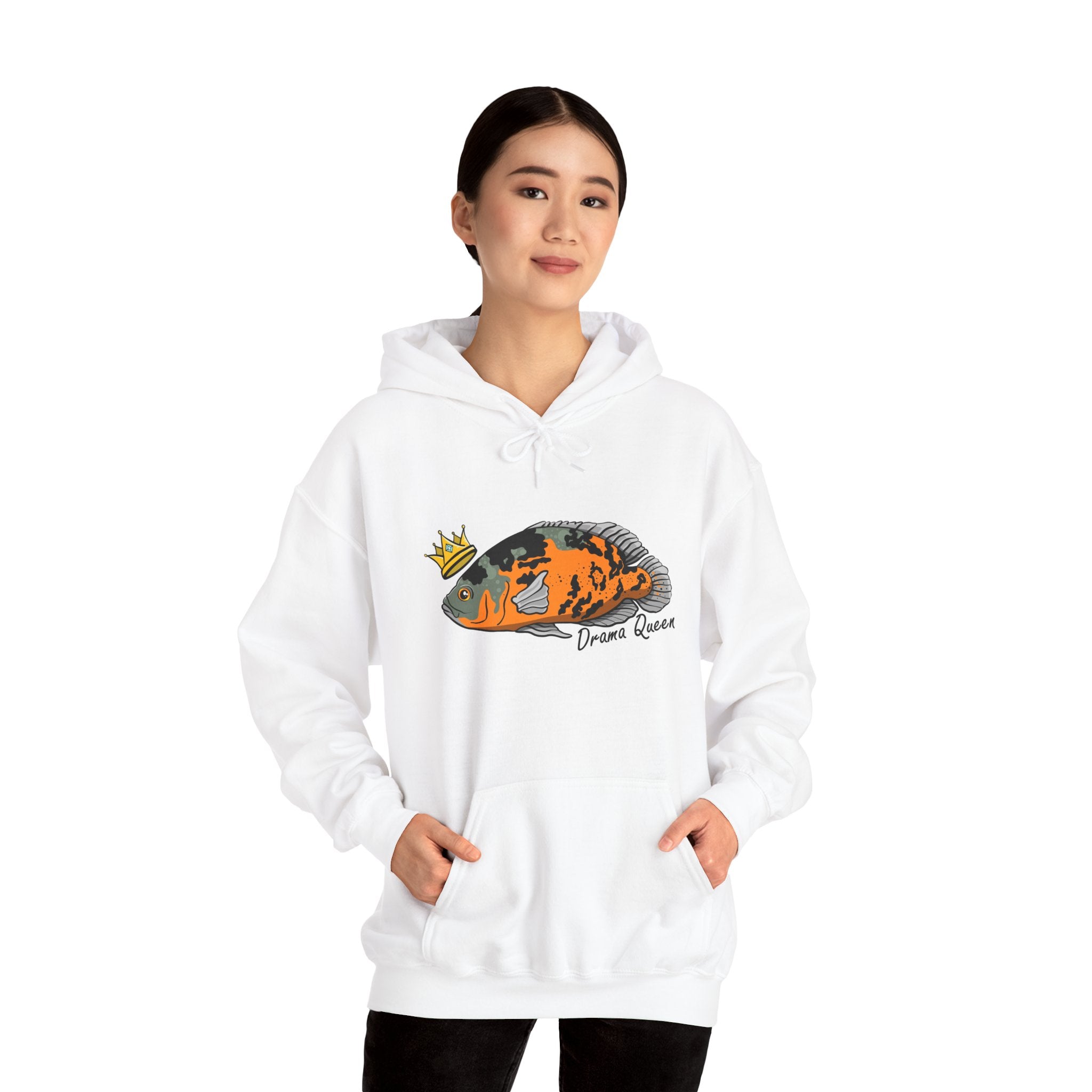 White Oscar fish hoodie featuring a colorful fish graphic with a crown and front pocket