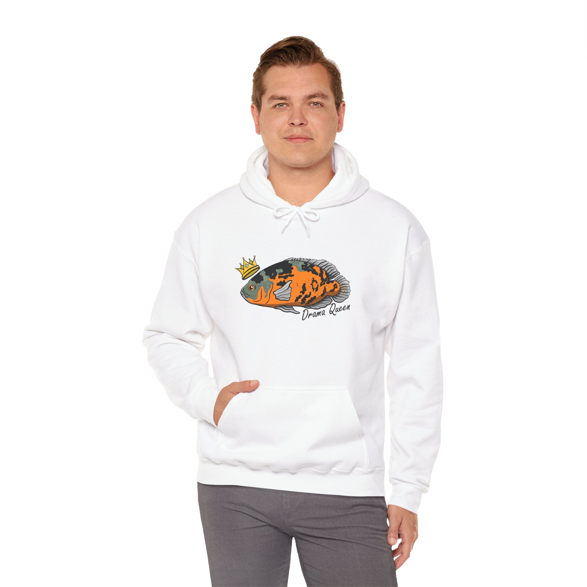 White hoodie featuring colorful Oscar fish design with crown and text Dream Queen