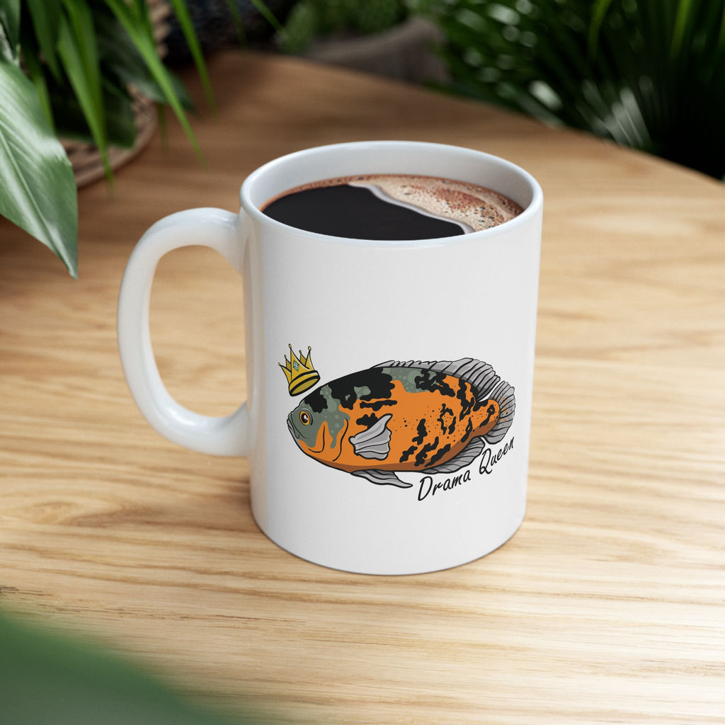 White mug with colorful Oscar fish design and crown illustration Oscar fish mug gift