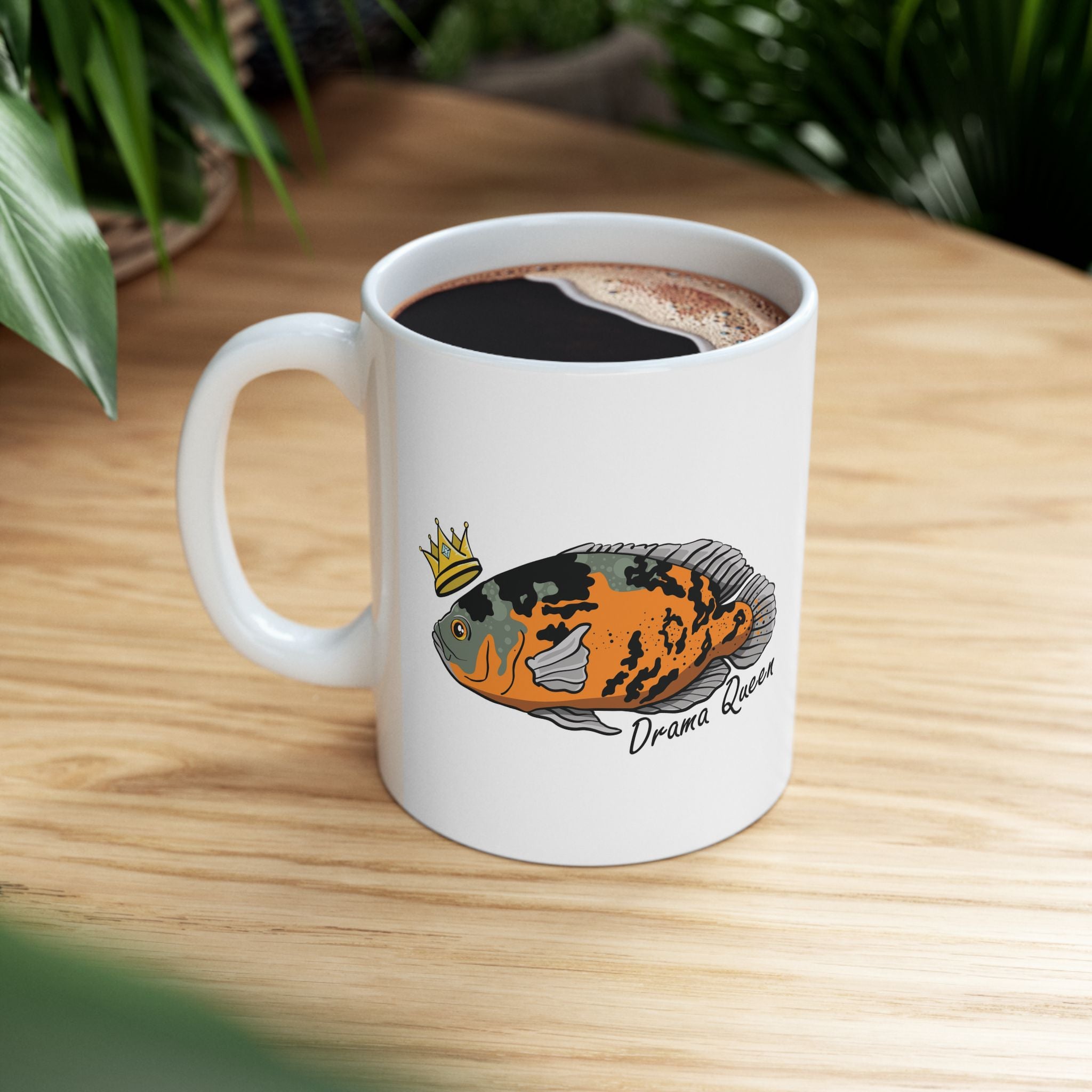 White mug with colorful Oscar fish design and crown illustration Oscar fish mug gift