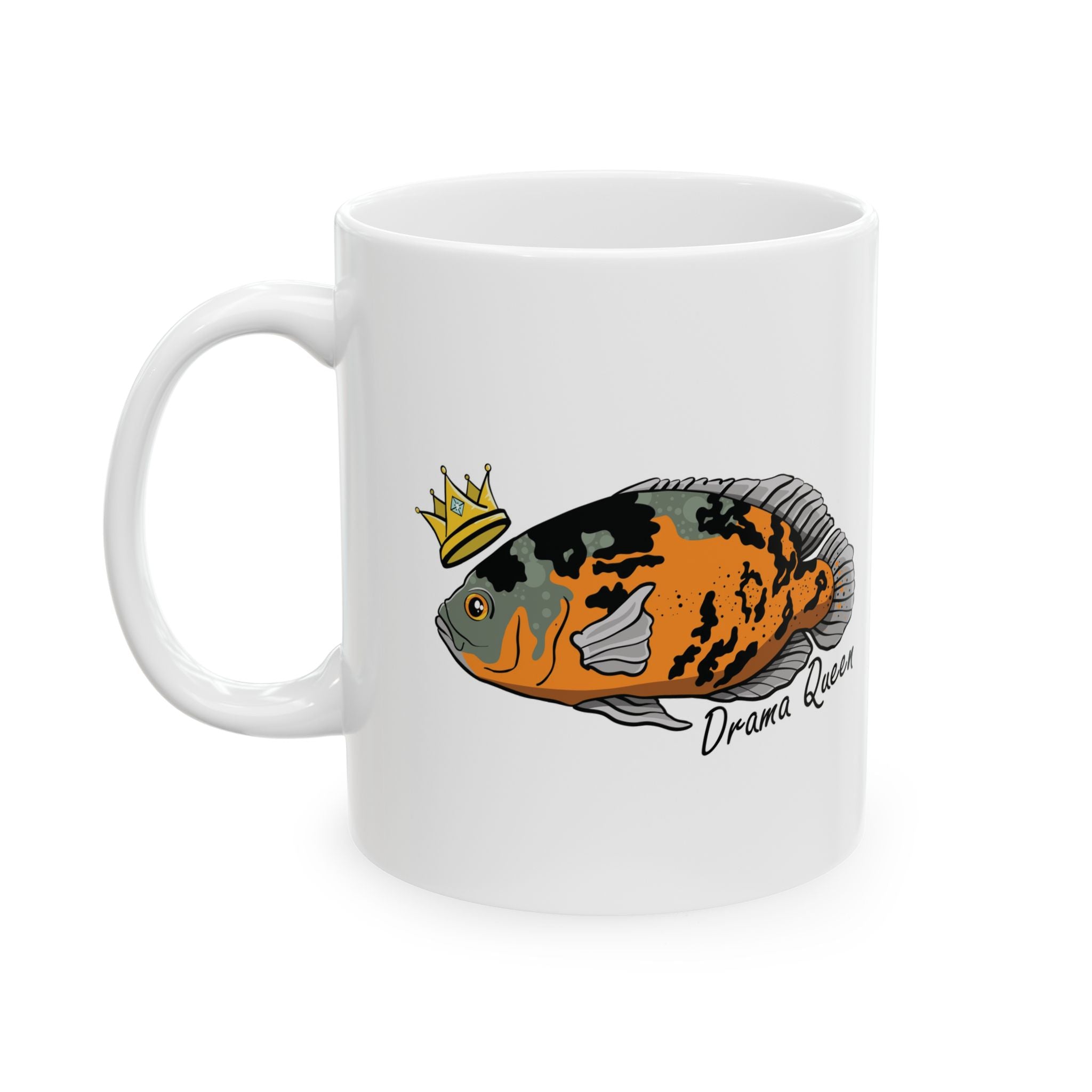 White mug featuring a colorful Oscar fish illustration with a crown and drama queen text Oscar fish mug gift
